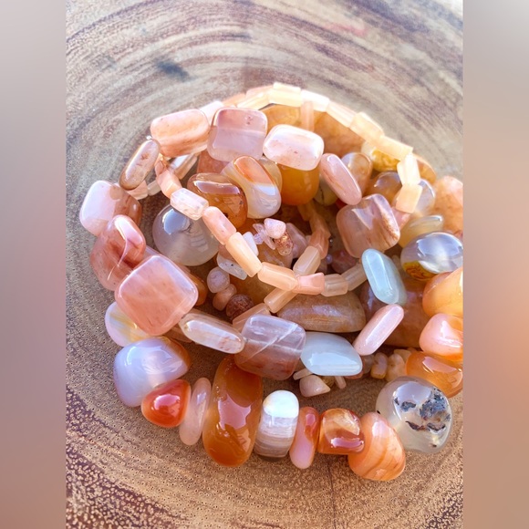 Natural Orange Carnelian & Peach Aventurine Gemstone Mix Beads Bracelet Stack - Picture 9 of 10